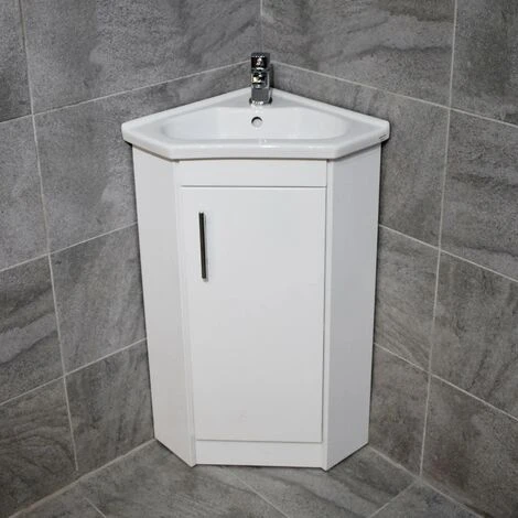 Corner Vanity Unit Including Basin Sink White Gloss Cloakroom Unit White, With Tap -Grohe Sales Shop 64565487 1