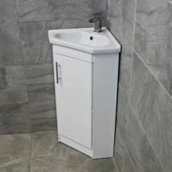 Corner Vanity Unit Including Basin Sink White Gloss Cloakroom Unit White, With Tap -Grohe Sales Shop 64565487 5